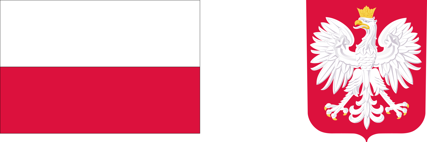 Biało-czerwona flaga Polski oraz godło Polski.